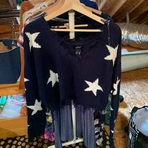 Navy blue distressed star sweater